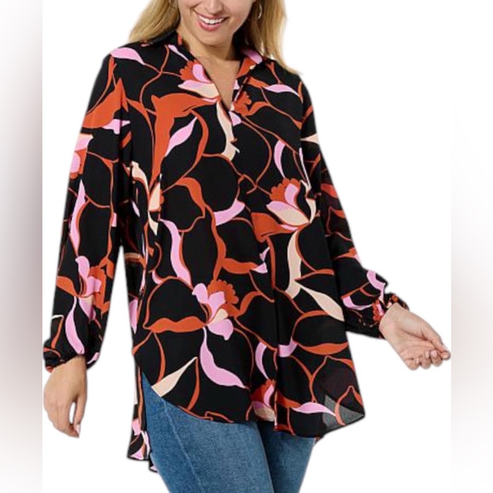 Colleen Lopez Women's Collared Tunic w Gathered Sleeves Black/Pink XL